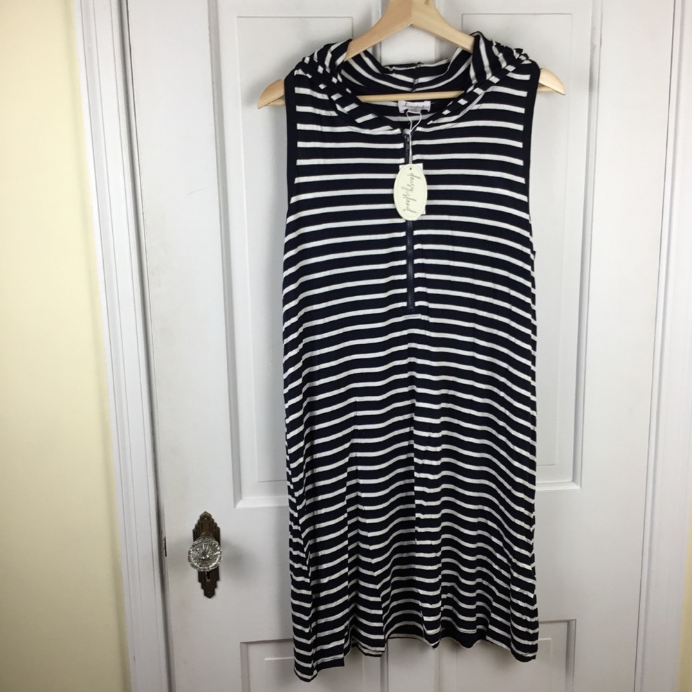 Daisy Island Women’s Striped Beach Coverup Hooded zip Size M Nautical Swim Dress